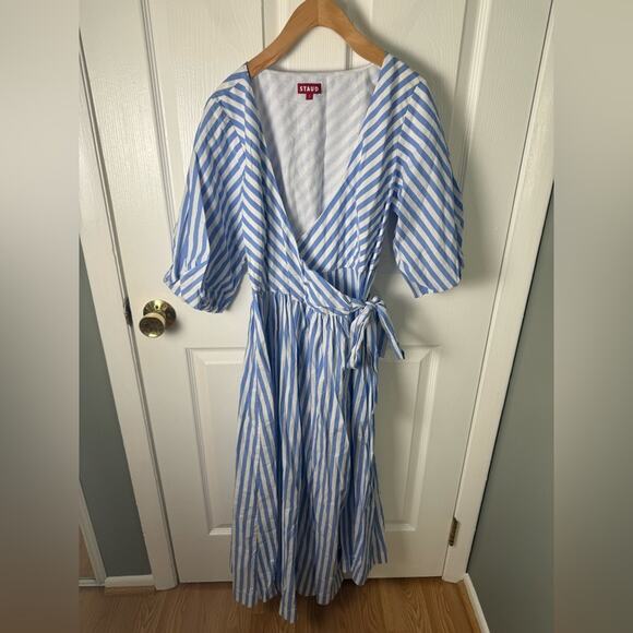 STAUD Jodie Midi Wrap Dress in Sea Stripe S - Picture 3 of 14